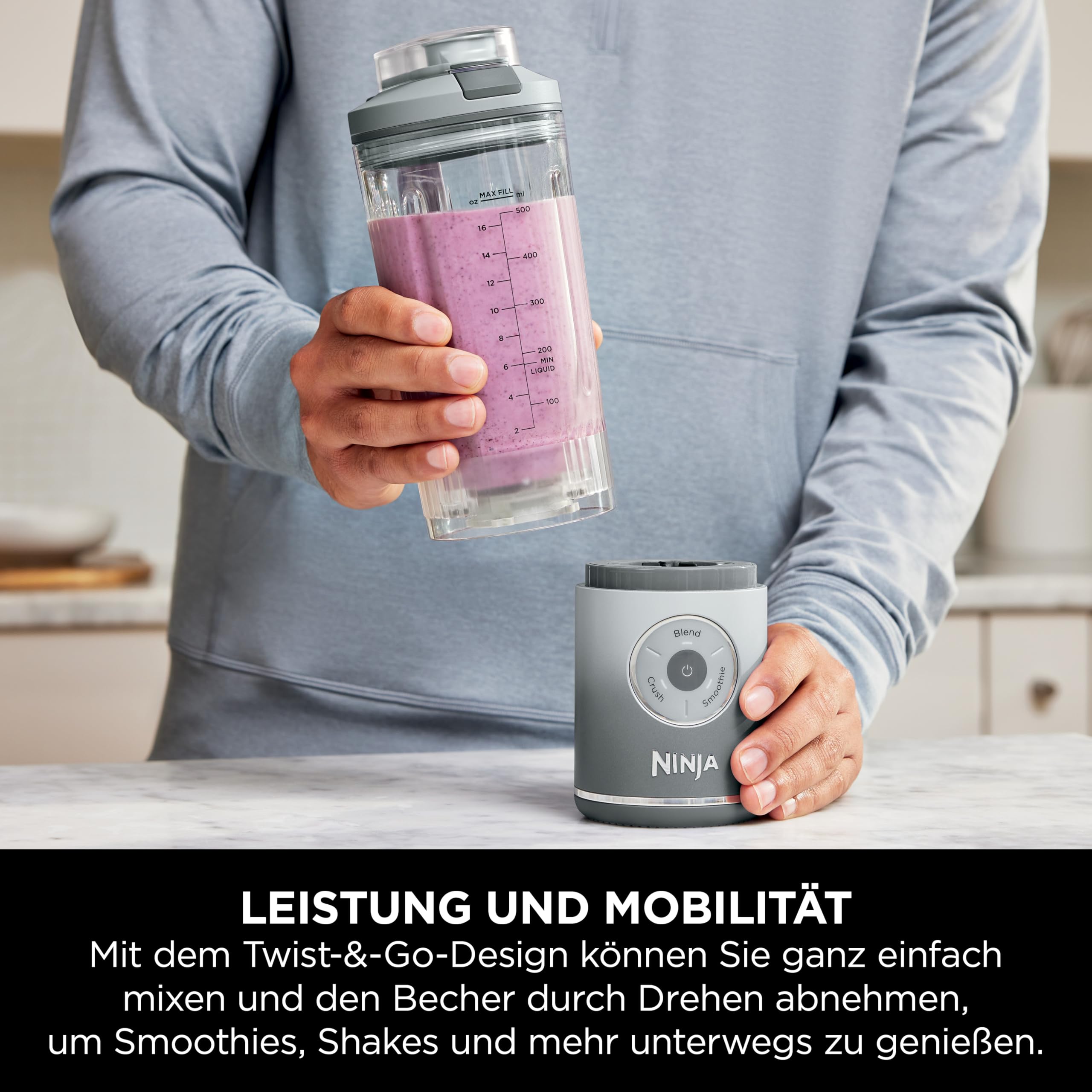 Ninja Blast Max Tragbarer Mixer/Blender/Smoothie Maker, 2 x 570 ml, wiederaufladbar, Mixbecher & auslaufsicherer Deckel, 3 Funktionen, Smoothies, Proteinshakes, Lavendel/Silber BC251EULS 3