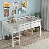 Costzon Twin Loft Bed, Solid Wood Low Loft Bed w/Guard Rail and Ladder, Boys &amp; Girls Twin Bed for Kids Room, No Box Spring Needed, Classic Children Low Loft Bed with Storage for Bedroom, White