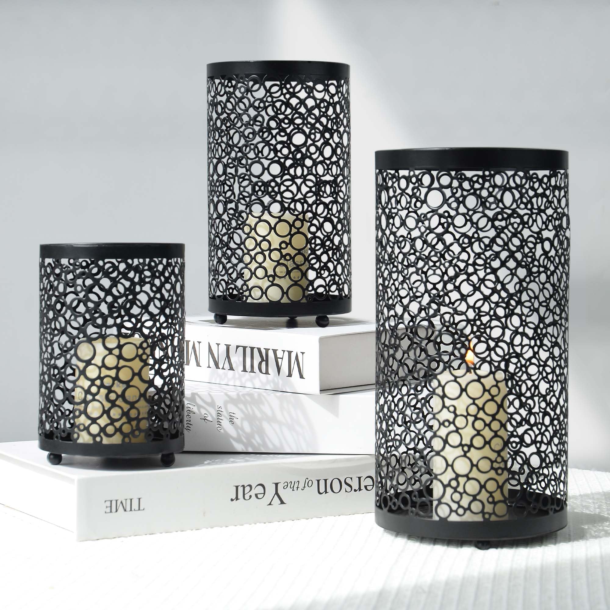 Photo 1 of Metal Candle Holders Set of 3, Decorative Tealight Candle Holder Sets, Candlestick for Pillar Vintage Style Perfect for Tabletop Centerpieces (Black, Bubble Pattern)