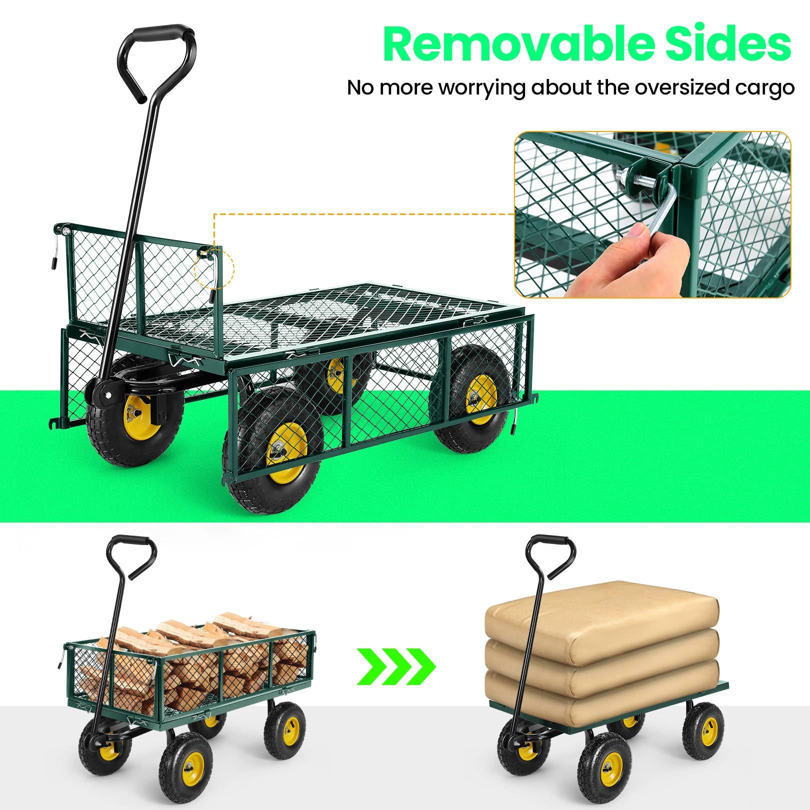 TEANDE 680Lb Garden Cart with Removable Mesh Sides to Convert into Flatbed, Utility Metal Wagon with 180° Rotating Handle, 10 inch Tires, Portable for Yard, Farm, Beach (Green, Without Oxford Cloth)