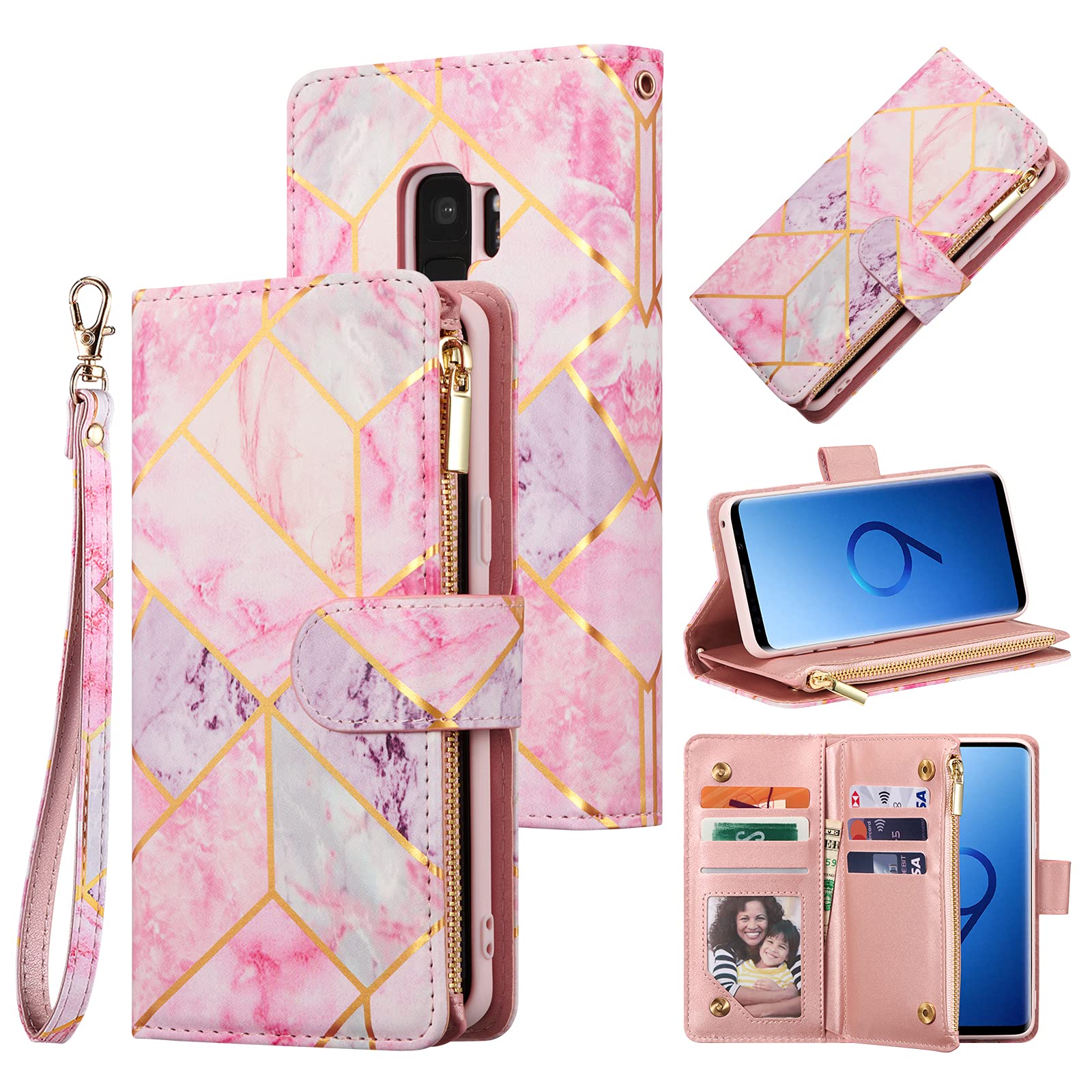 UEEBAI Wallet Case for Samsung Galaxy S9, Premium PU Leather Magnetic Closure Geometric Marble Pattern Handbag Zipper Pocket Case Kickstand Card Holder Slots Shockproof Flip Cover - Pink & Purple
