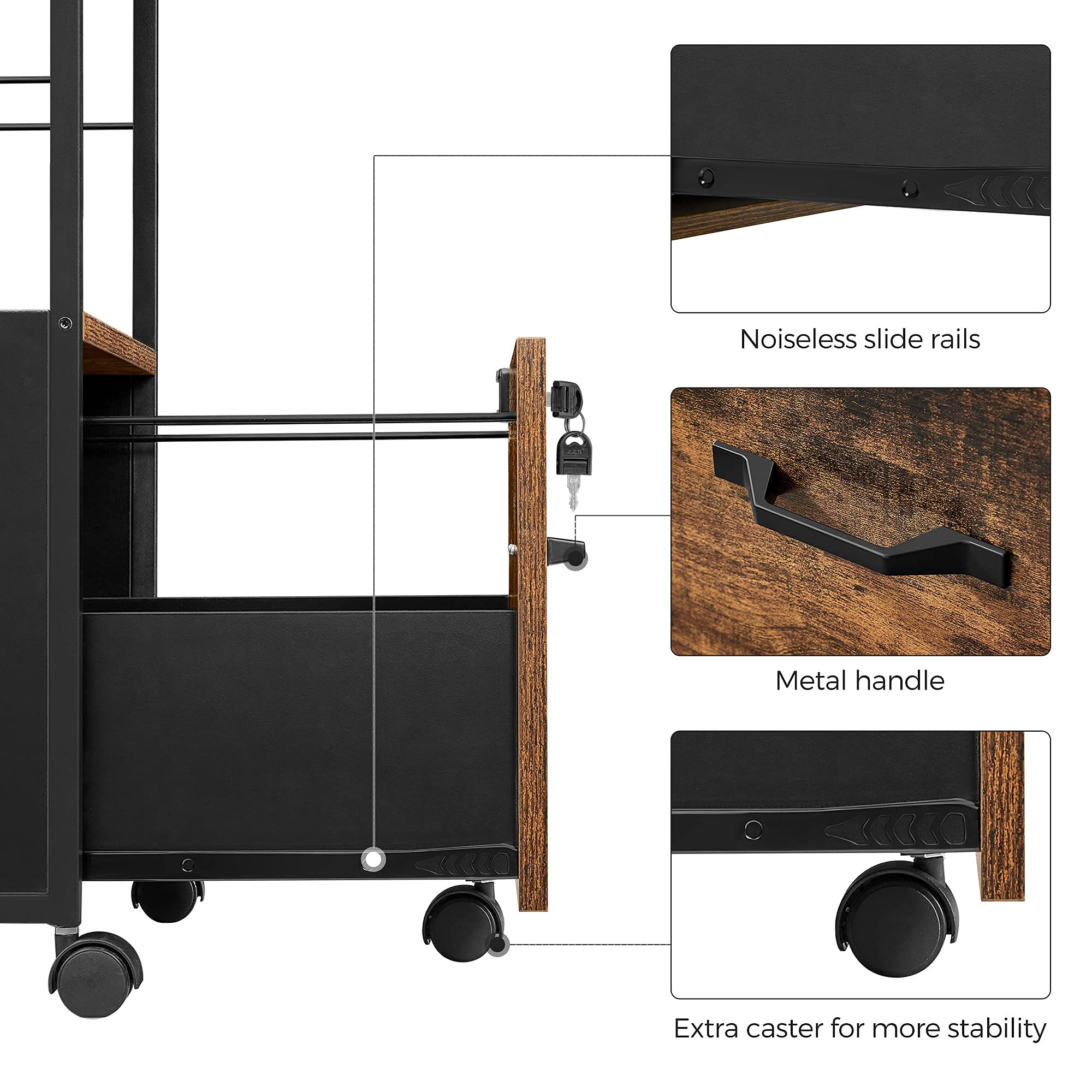 VASAGLE 1 Drawer File Cabinet with Lock, Printer Stand, Office Filing Cabinet Organizer, for A4 and Letter Size Documents, Rustic Brown and Black UOFC044B01