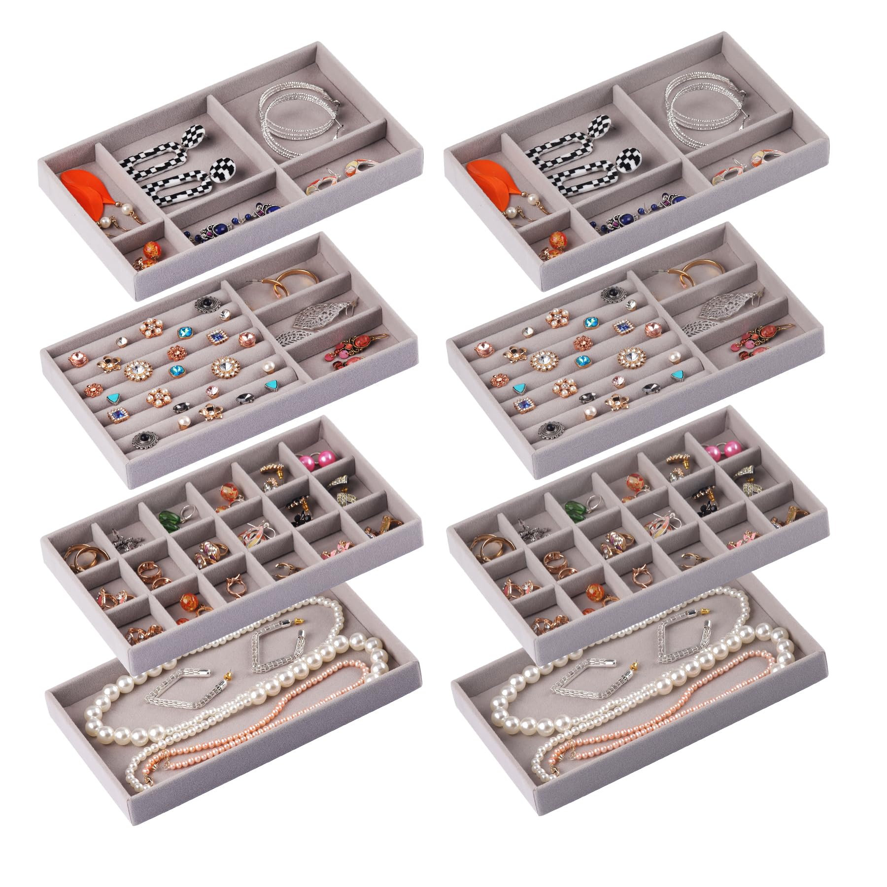 Photo 1 of Afnkiom Jewelry Trays,Grey Velvet Stackable Organizer Trays,Drawer Inserts Jewelry Display Case For Rings Stud Necklaces Earring Organizer Tray for Women Girls-8 Pack