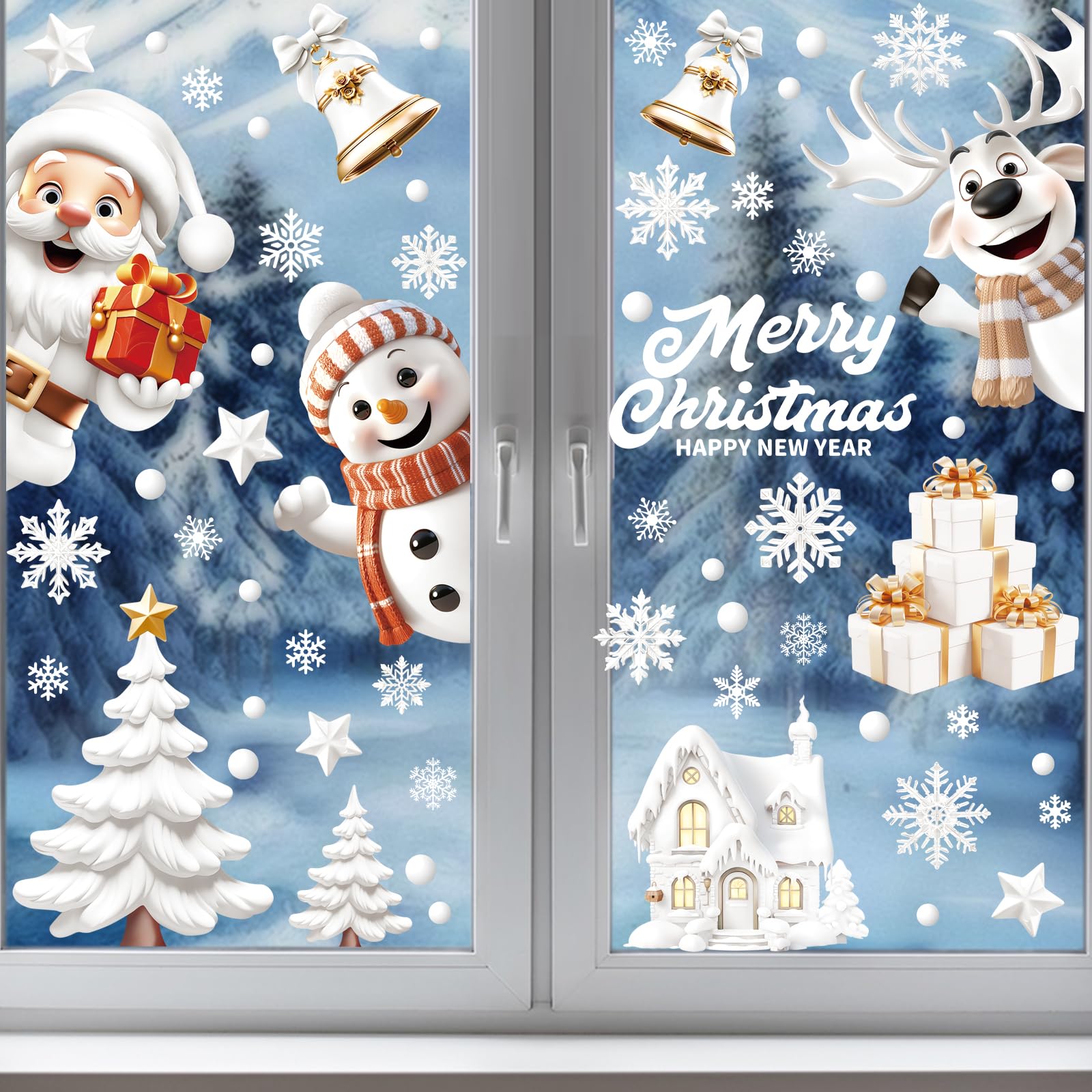 Photo 1 of 146PCS Christmas Window Clings - 2025 New 3D Static Xmas Decals Decorations with Snowflake, Santa Claus, Reindeer for Holiday Party (9 Sheets)