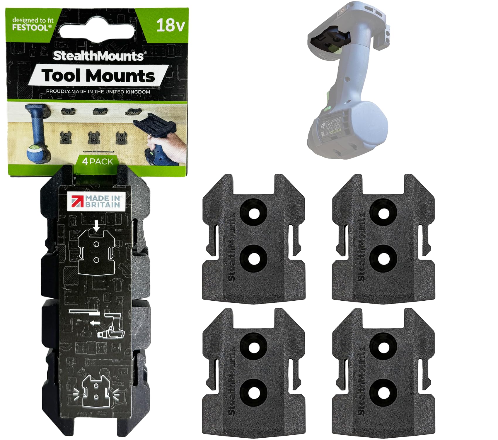 StealthMounts Tool Mounts Compatible with Festool 18v | 4 Pack | Black | Tool Holder | Made in The United Kingdom