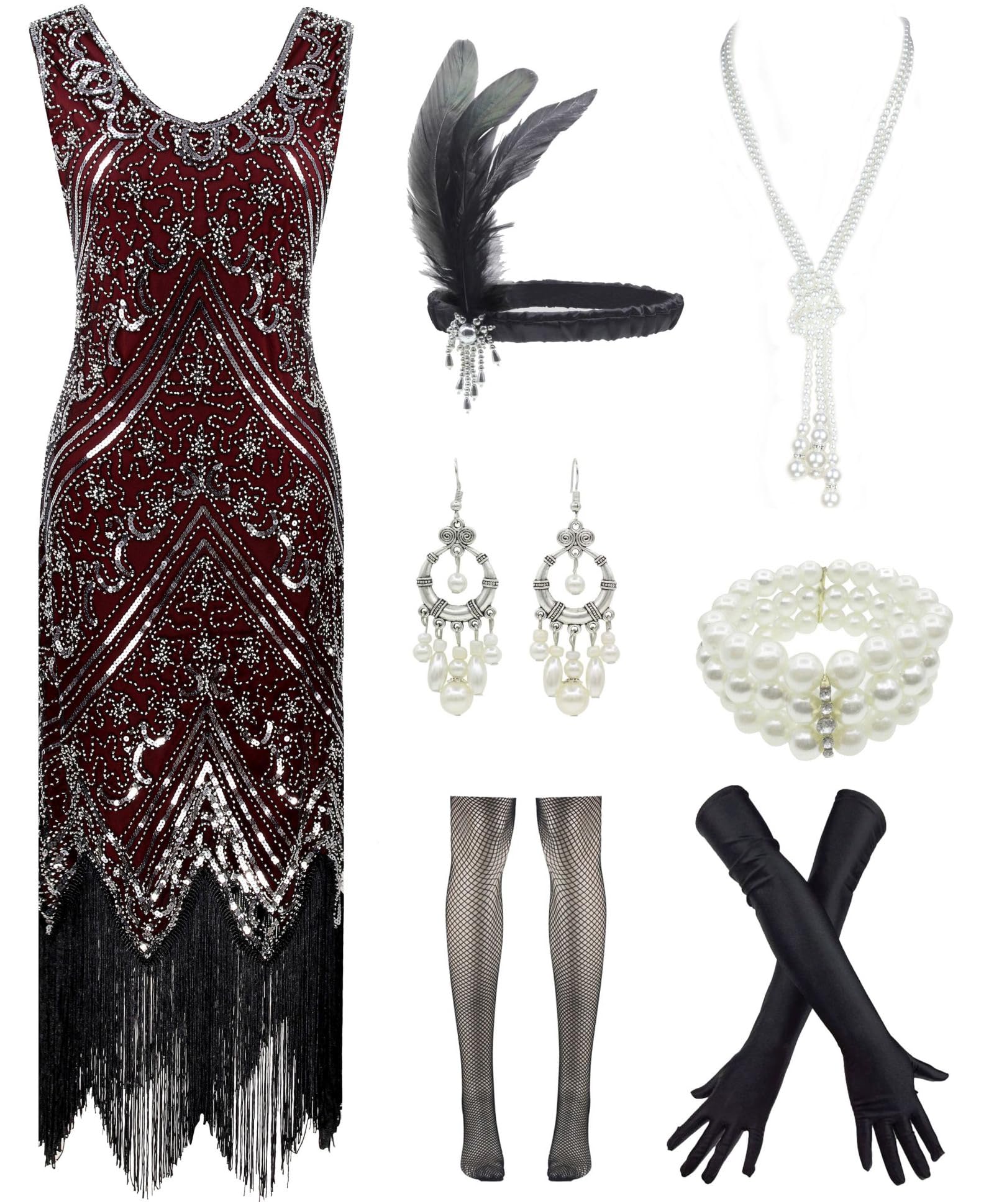 1920s Gatsby Sequin Fringed Paisley Flapper Dress with 20s Accessories Set (3XL, Style Snow Black Gold) Image