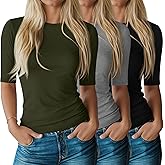 Riyiper 3 Pack Women's Half Sleeve Tops Crewneck 1/2 Sleeve T Shirts Elbow Length Tops Slim Fit Cotton Blend Basic Tees