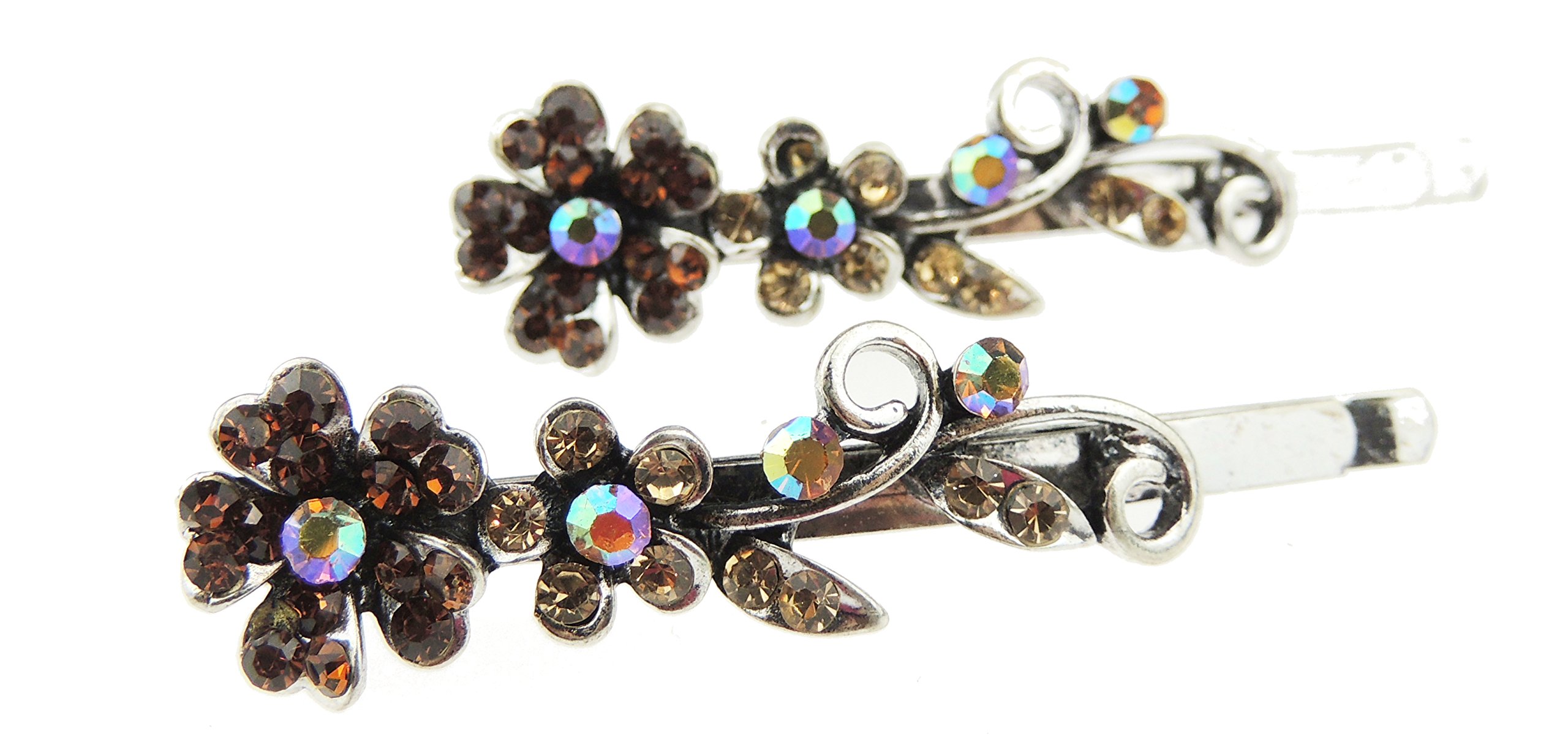 Womens Silver Tone Sparkly Bow Rhinestone Jeweled Crystal Diamante Party Birthday Christmas Bridal Wedding Slides Hairpin Hair Clips Grips Bobby Pins Set of 2 Flower Floral (Gold)