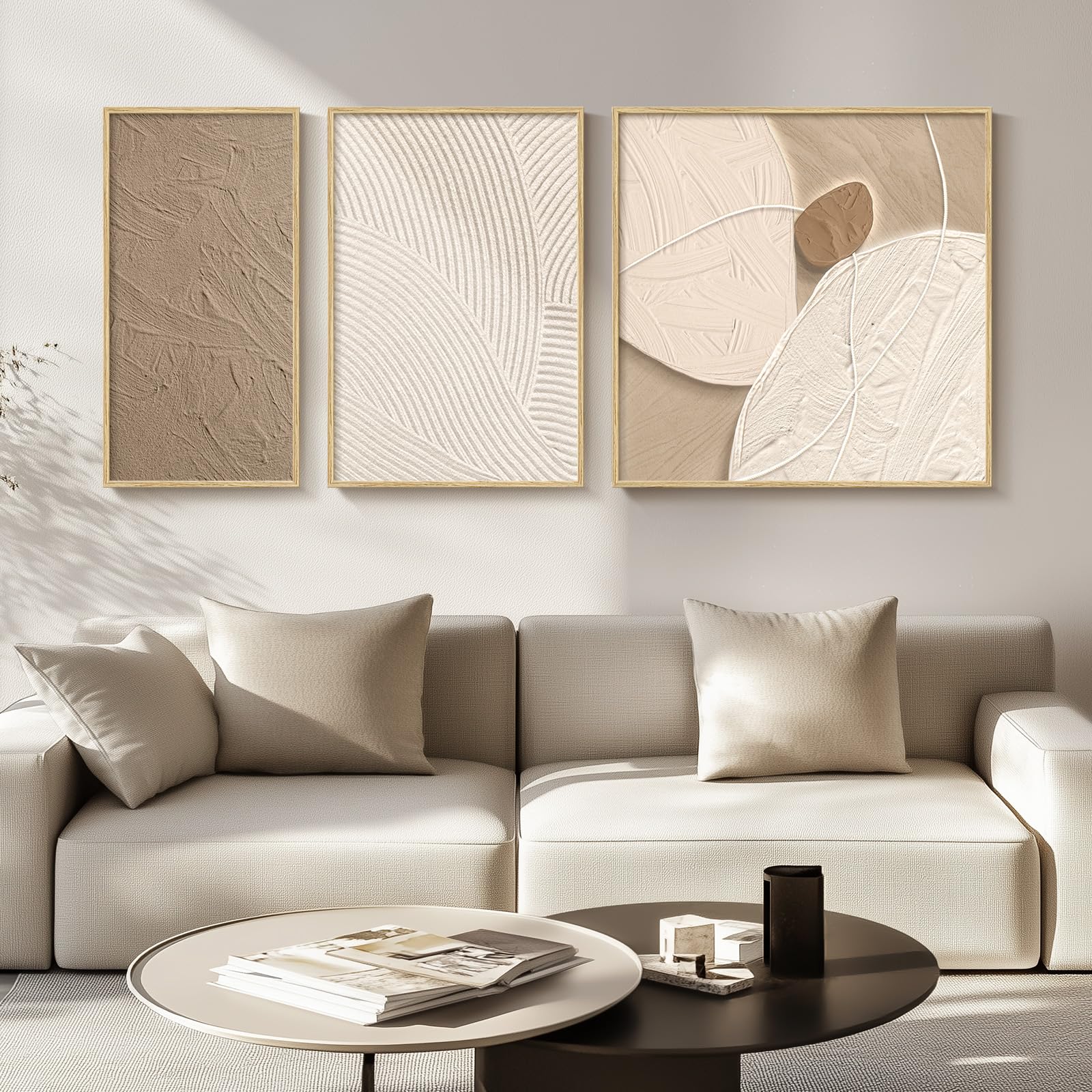 Photo 1 of Framed Neutral Abstract Wall Art for Living Room, 3 Piece Boho Brown Cream Canvas Prints Artwork for Walls, Modern Minimalist Paintings Wall Decor for Kitchen, Bedroom, Home Office - Total 24" x 52"