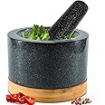 Heavy Duty Mortar and Pestle Set with Bamboo Base, Large 2 Cups, 100% Natural Granite Mortar and Pestle Large Stone Grinder Bowl, Molcajete Bowl, Masher Guacamole Bowls, Polished Black