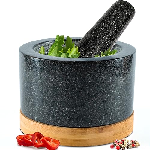 Heavy Duty Mortar and Pestle Set with Bamboo Base, 100 Natural Granite