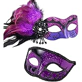 MYSEUNI 2025 New Masquerade Mask with Feather for Couples - Women's Masquerade Mask with Feather & Men Venetian Costume Mask
