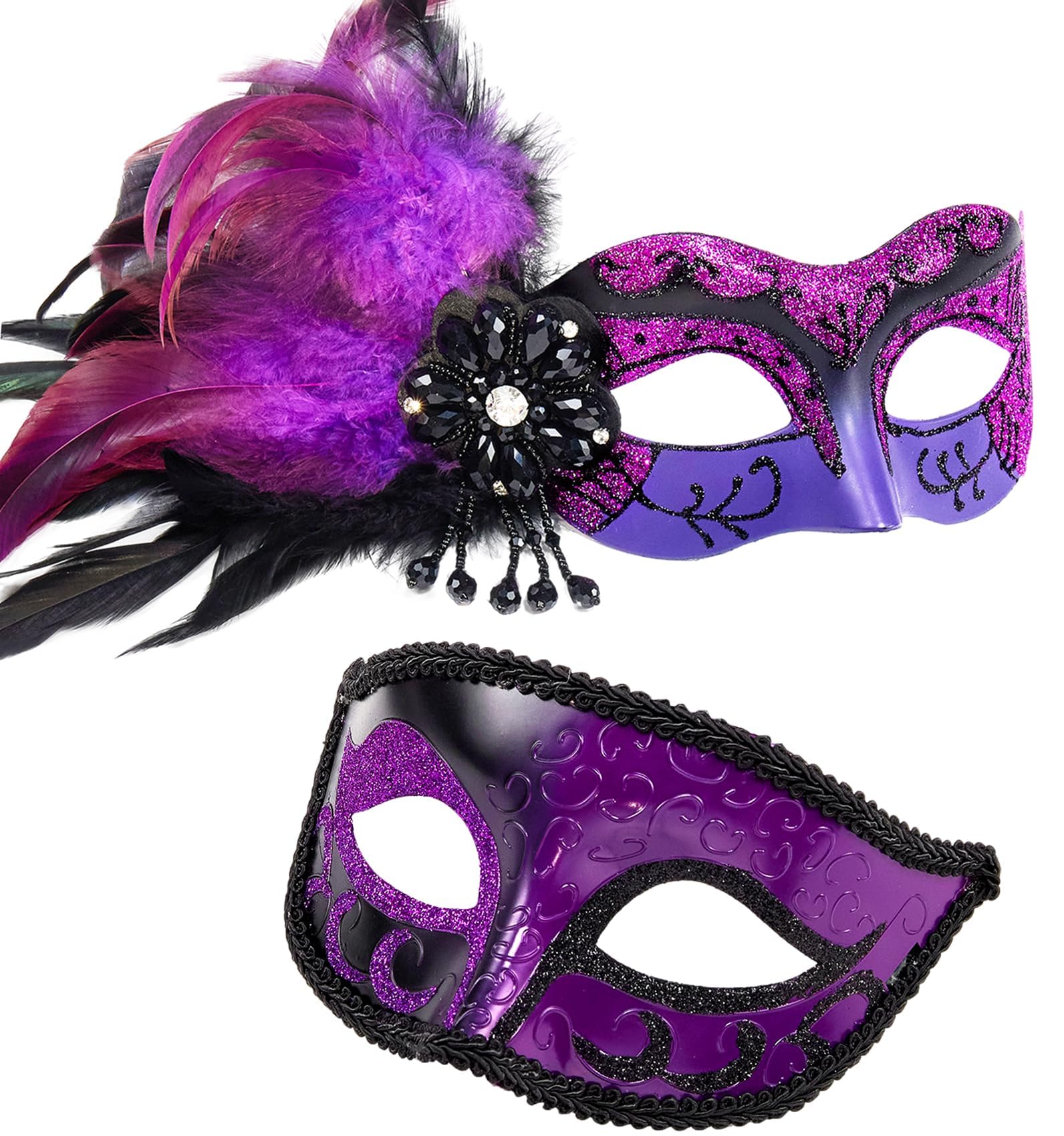 MYSEUNI 2024 New Purple Masquerade Mask with Feather Couple - Womens and Mens Party Masks for Adults Masquerade - Women Costume Mask for Mardi Gras, Cosplay Party