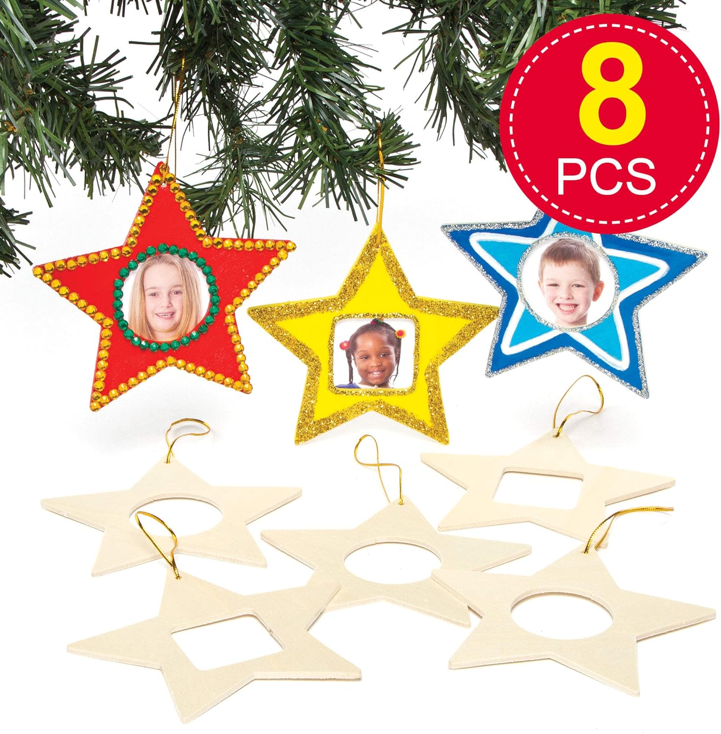 Amazon Co Jp 木製ミニフォトフレーム クリスマスツリー オーナメント 8個入り スター 自分だけのオリジナルを作ろう 子どもたちの手作りに おもちゃ