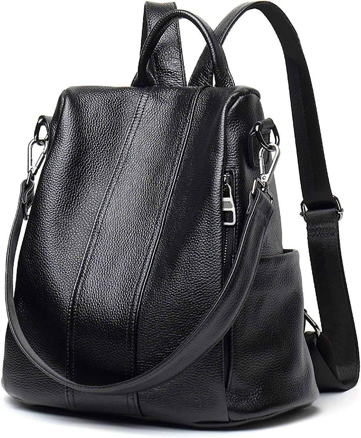 3 Ways Fashion Anti Theft Backpack Women Shoulder Bag Travel Handbag for Lady Hidden Zipper Pockets Removable Shoulder Strap Genuine Leather Black