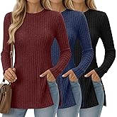 Oakgarden 3 Pack Women's Long Sleeve Shirts with Side Split Crew Neck Lightweight Tunic Sweaters Ribbed Casual Fall Tops