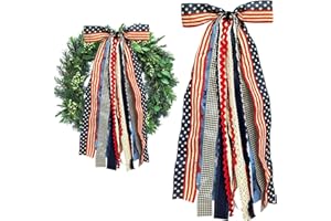 Ftuuo Large Patriotic Star Ribbons Bow for Wreath, Red White Buffalo Plaid Fabric Ribbons Set Assorted Lace Ribbon 4th of July Clip-On Wreath Sash Ribbon Bundle for Patriotic Indoor Outdoor Decor