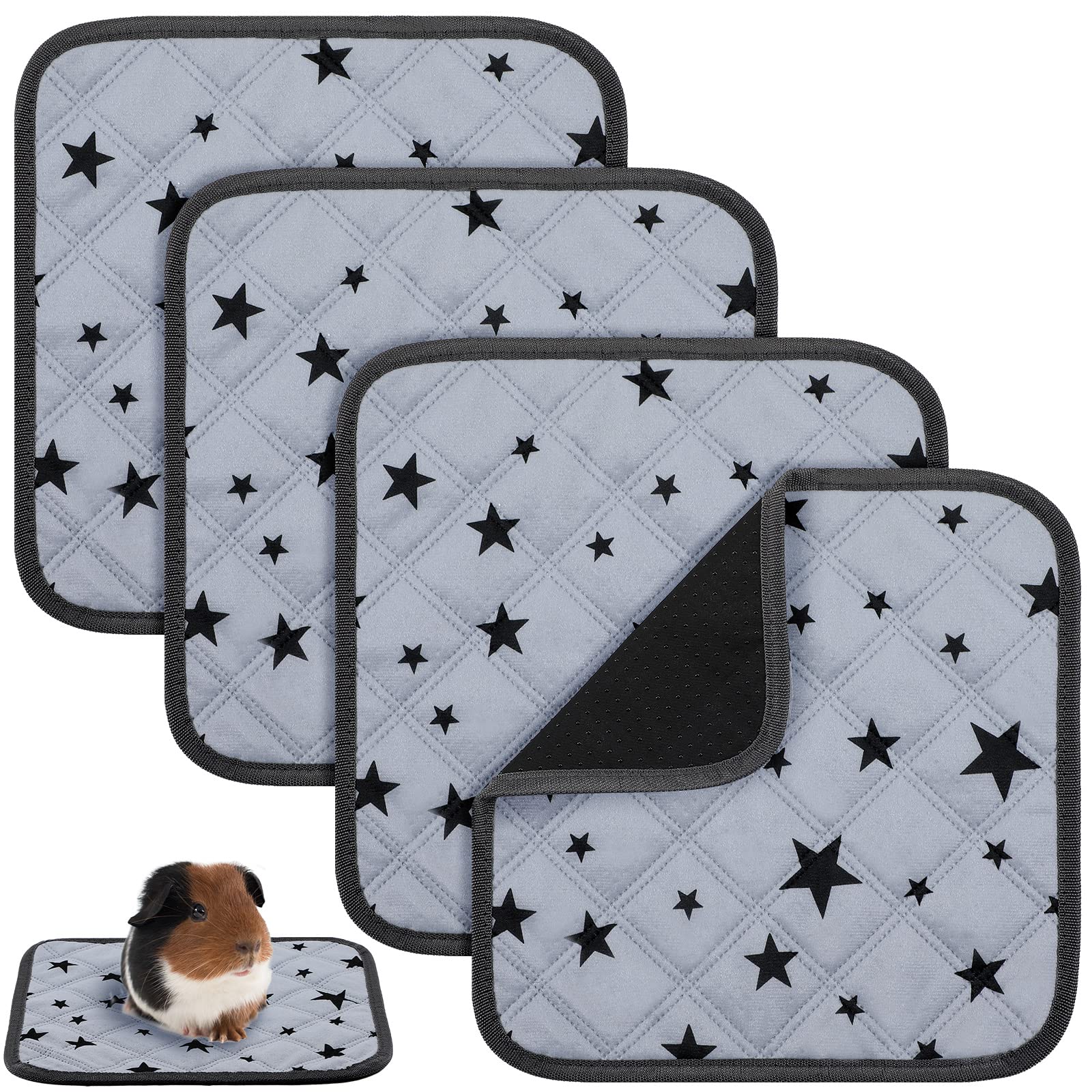 4 Pieces Guinea Pig Cage Liners Guinea Pig Fleece Bedding Absorbent Accessories Reusable Washable Pee Pad Non Slip Mats for Cages with Star Patterns(12 x 12 Inch)