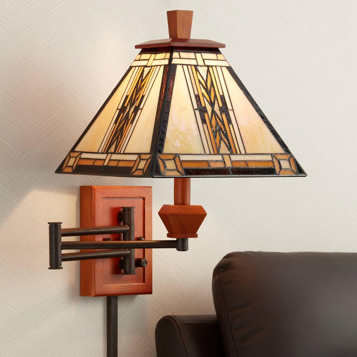 Walnut Mission Collection Tiffany Style Swing Arm Wall Lamp Wood Plug-in Light Fixture Stained Glass for Bedroom Bedside Living Room Reading - Robert Louis Tiffany