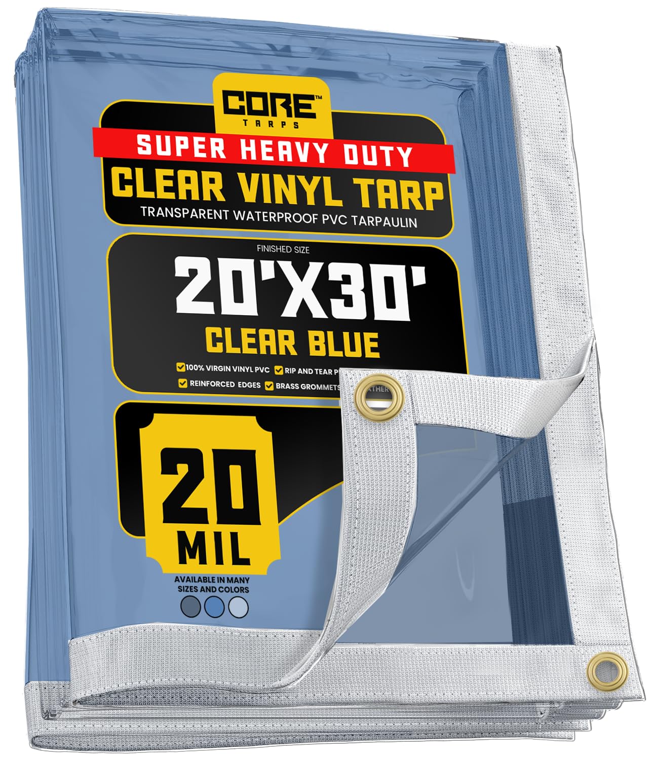 Core Tarps 20 Mil Extreme Heavy Duty Clear Tarp with Gromments – 20x30ft Super Clear Tarps Heavy Duty Waterproof Vinyl Tarpaulin, Transparent Tarp for Outdoor, Camping & Construction, Clear Blue