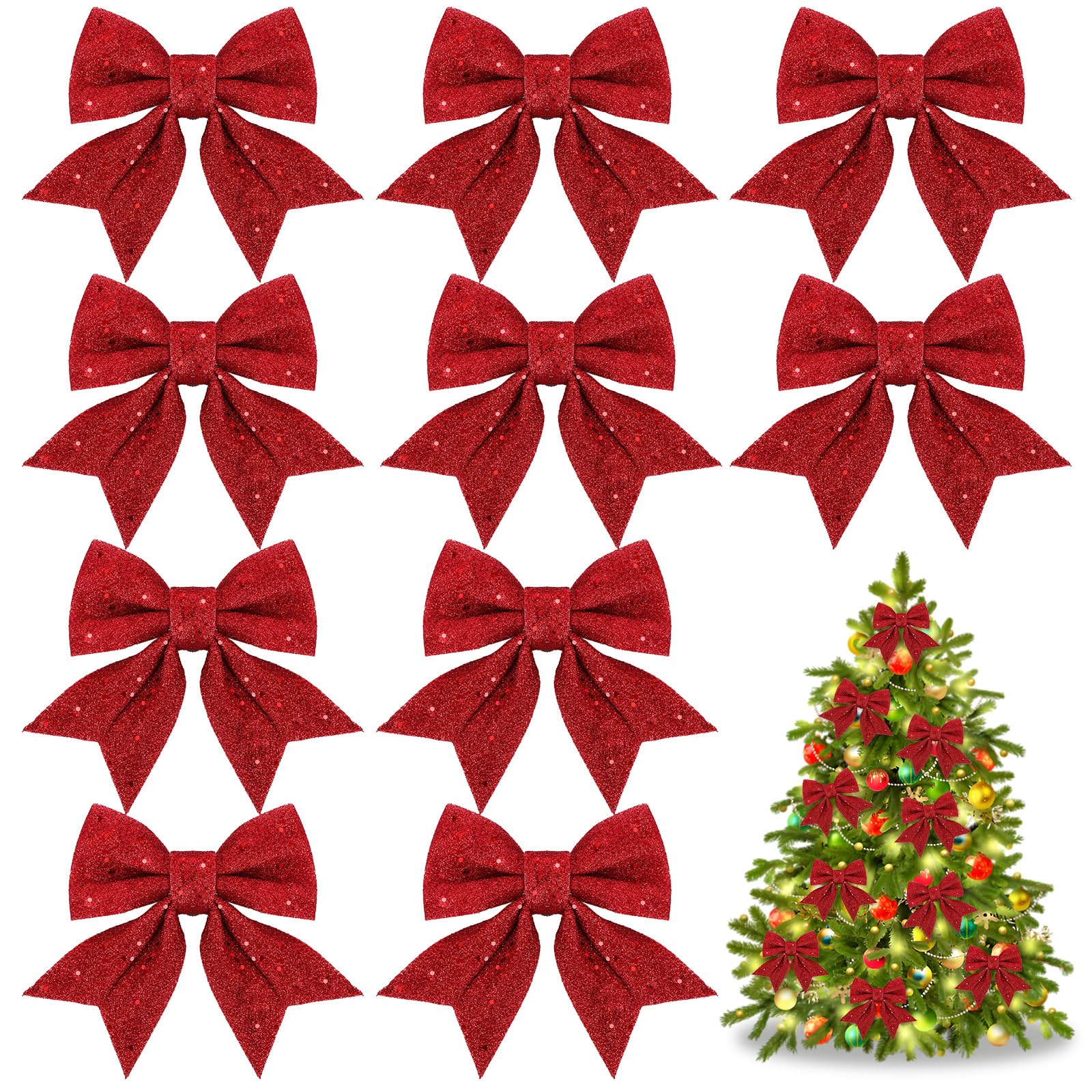 SEPGLITTER Christmas Bows, 10 Pack Glitter Red Christmas Bows Christmas Tree Bow Decorations Sequin Bow Ties Xmas Decorative for Home Christmas Party(4.8x6 in)
