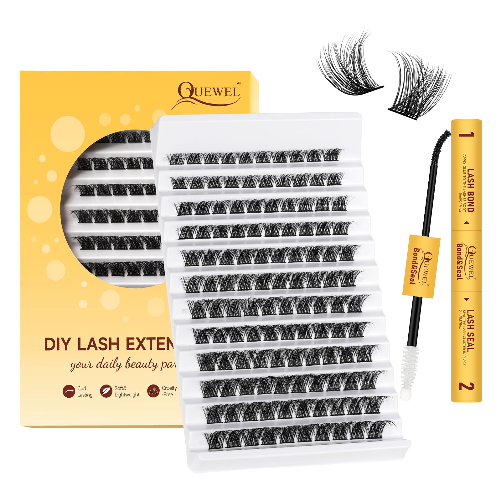 QUEWEL DIY Lash-Extensions Kit MIX10-18mm Lash-Clusters with Bond&Seal Super Hold, Cluster-Lashes and Long Lasting Suitable for Beginners to Complete Cluster Eyelash Extensions at Home(T-F01) — image 1