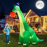 zukakii 13Ft Giant Halloween Dinosaur Inflatable Decorations, Bite Large Pumpkin with Witch Hat Build-in LED Light Strong Blower Huge Blow Up Yard Clearance Decor for Outdoor Indoor Holiday Party Yard