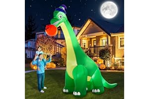 zukakii 13Ft Giant Halloween Dinosaur Inflatable Decorations, Bite Large Pumpkin with Witch Hat Build-in LED Light Strong Blower Huge Blow Up Yard Clearance Decor for Outdoor Indoor Holiday Party Yard