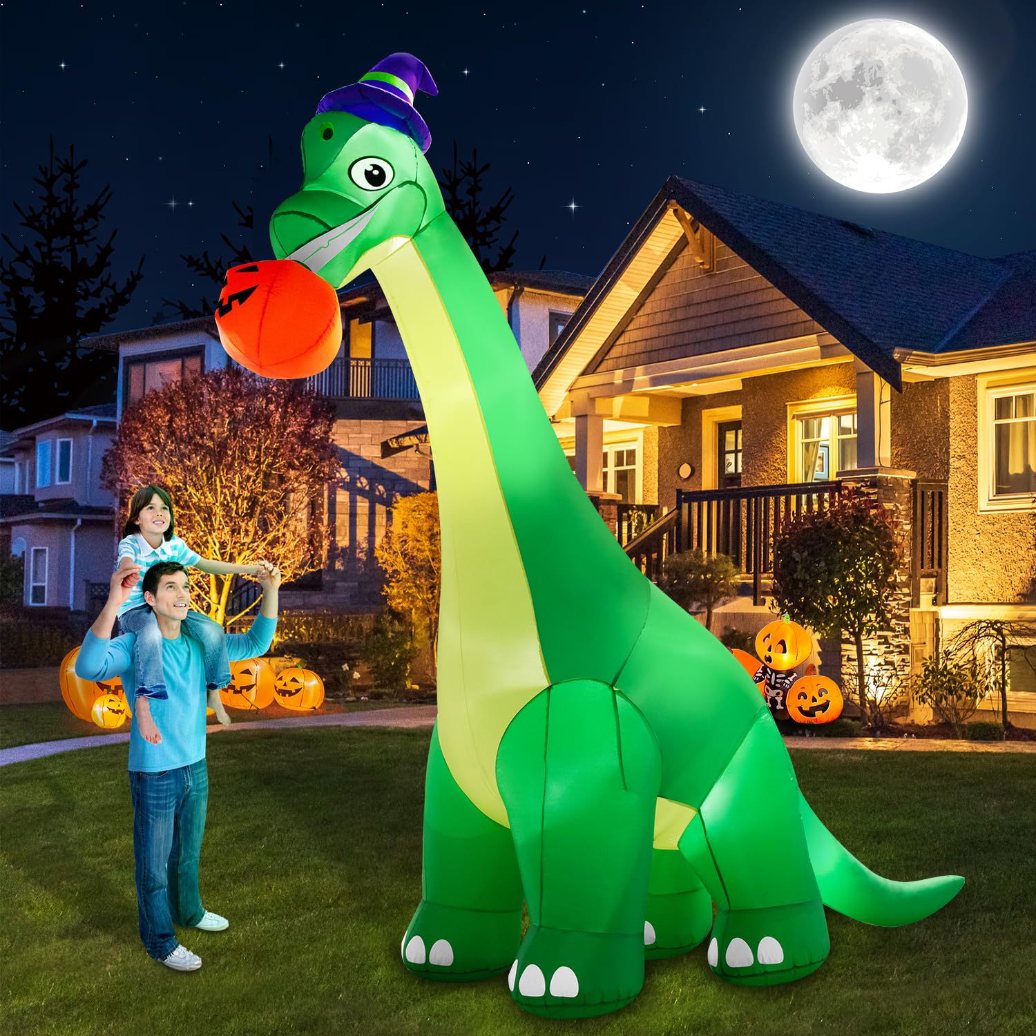 Photo 1 of zukakii 13Ft Giant Halloween Dinosaur Inflatable Decorations, Bite Large Pumpkin with Witch Hat Build-in LED Light Strong Blower Huge Blow Up Yard Clearance Decor for Outdoor Indoor Holiday Party Yard