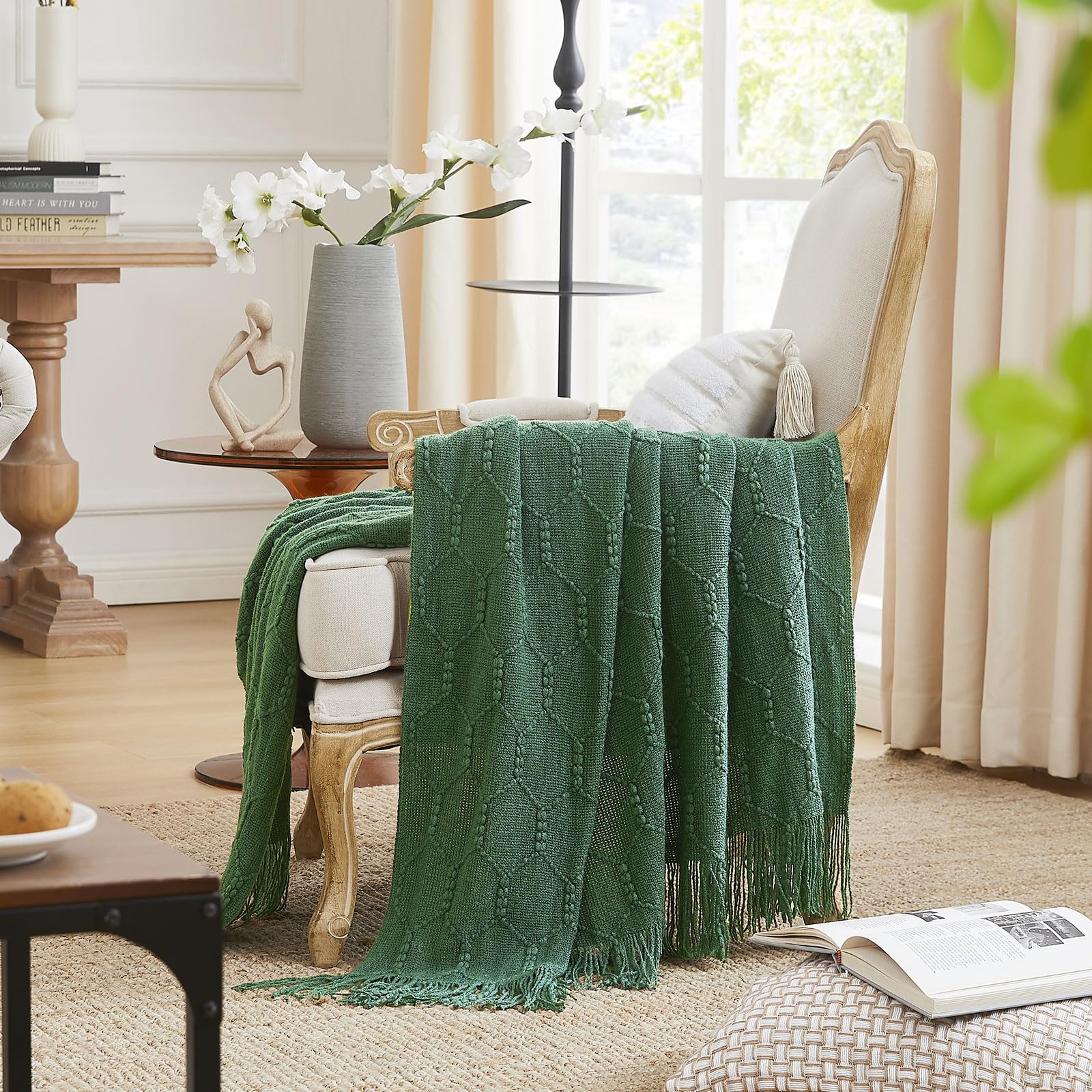 KASYLAN Diamond Knitted Throw Blanket Textured Solid Soft Sofa Throw Couch Knitted Decorative Blanket, 127x152cm Green