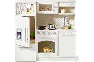 Tiny Land Play Kitchen for Kids, Upgraded Wooden Kitchen Toy with Complete Play Areas, Pretend Cooking Set with Sink, Stove, Microwave, Toy Coffee Station & Storage for Kids Ages 3+