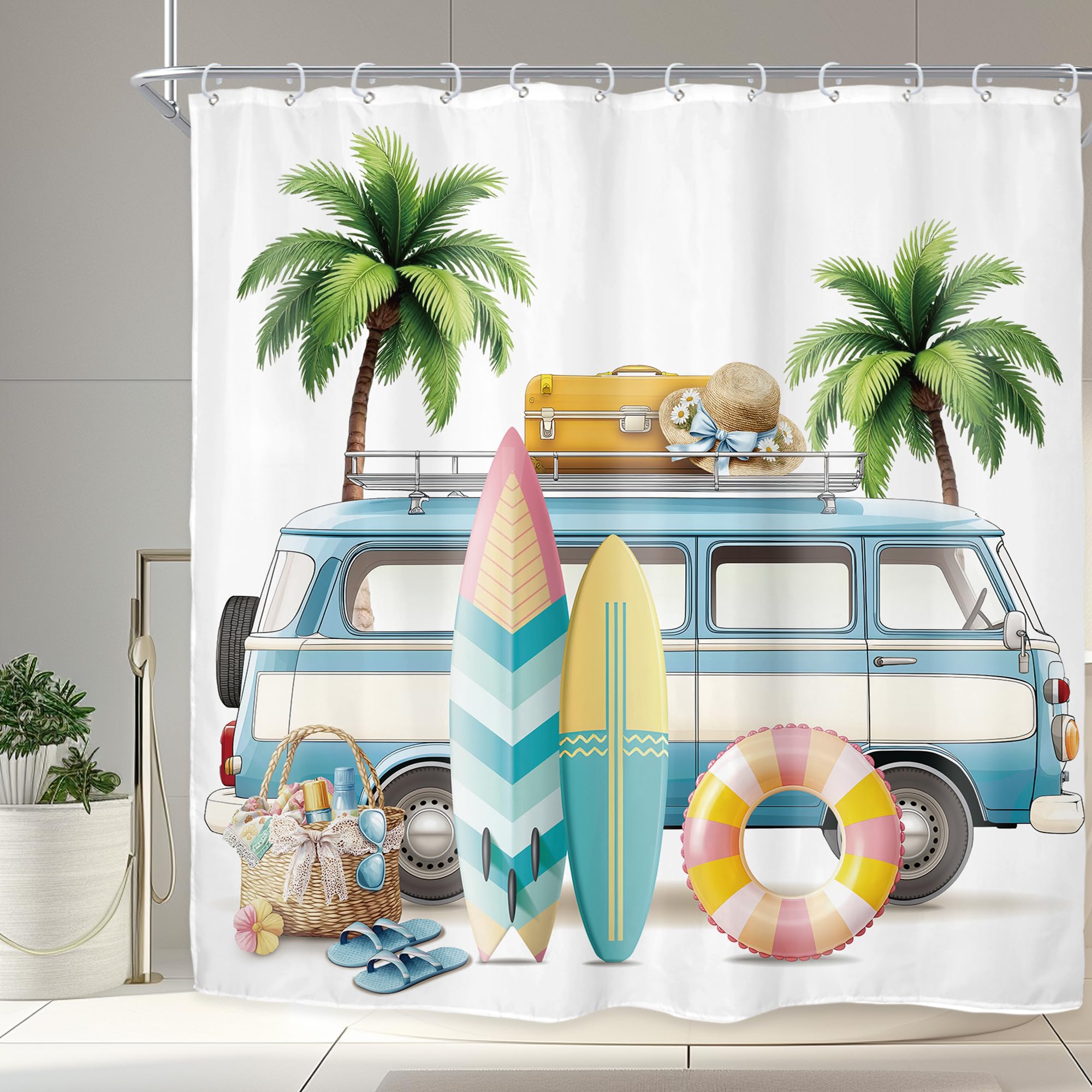 Photo 1 of Riyidecor Beach Surf RV Fabric Shower Curtain Set for Bathroom Decor 72Wx72H Inch Coastal Theme Bath Accessories for Men Boys Tropical Palm Trees Pattern Camping Car Bathtub 12 Pack Plastic Hooks
