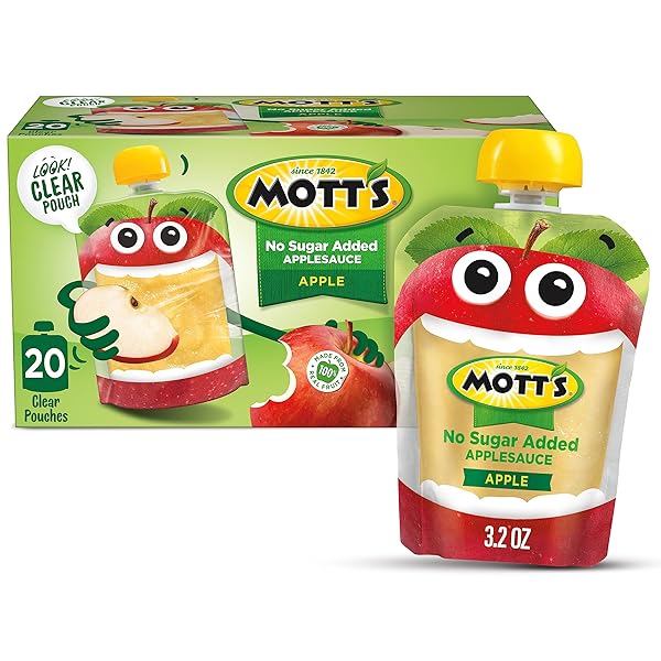 MOTT’S NO SUGAR ADDED APPLESAUCE, MADE FROM REAL FRUIT, NO ARTIFICIAL FLAVORS, 3.2 OZ CLEAR POUCHES, 20 PACK