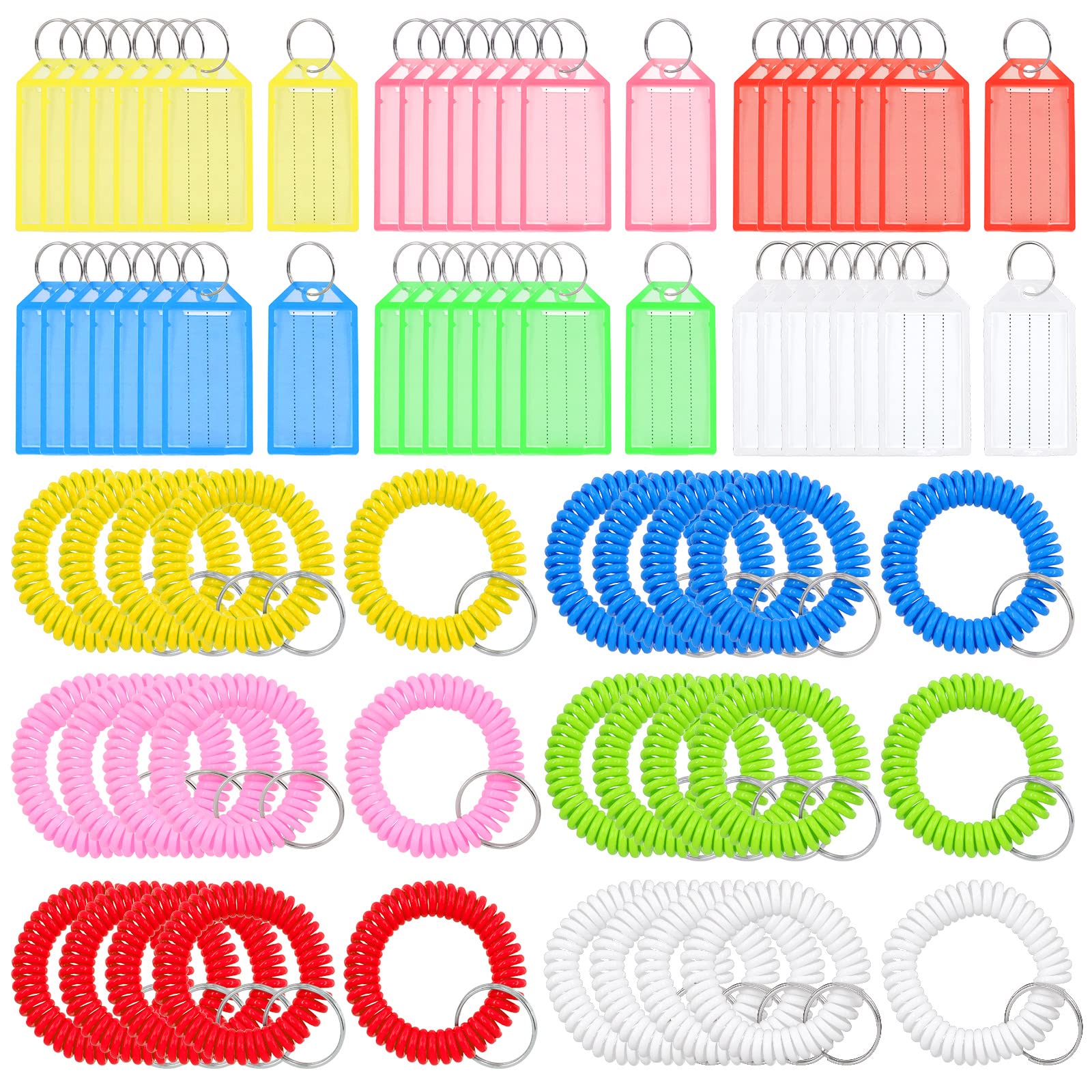 Mardatt 156Pcs 6 Colors Plastic Key Tags and Spiral Coil Wristband Bracelet with Split Rings, Key Labels Tags with Flap Label Window Key Identifiers for Key Chain Suitcase ID Luggage Tags