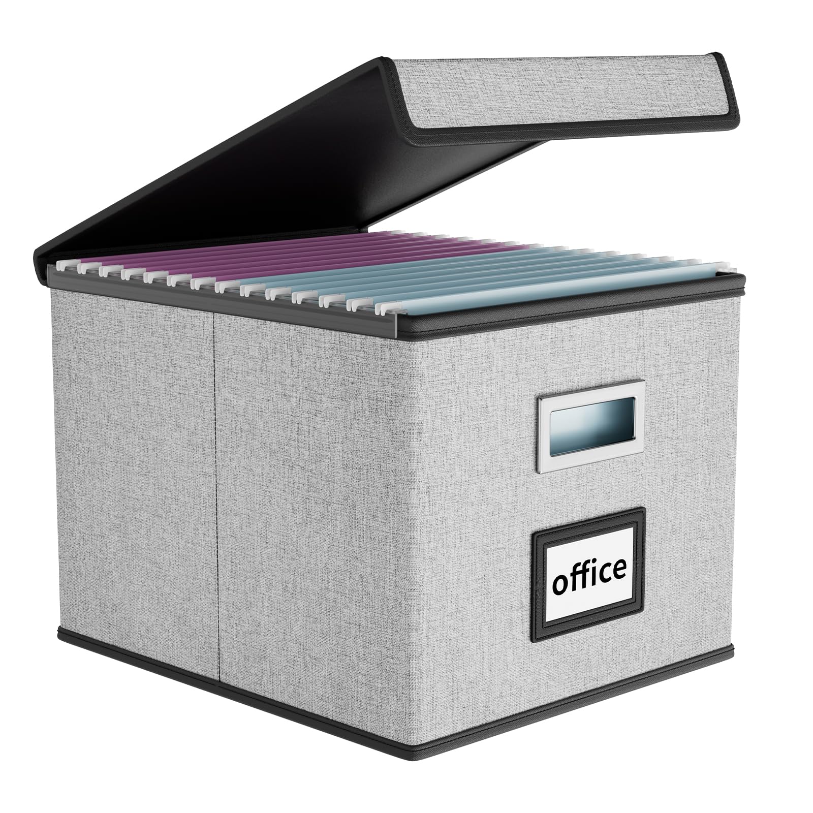 Finew Upgraded Portable File Organiser Box with Lid, Foldable Linen Hanging Filing Storage Boxes with Plastic Slide, Decorative Home/Office Filing System for File and Folders Storage (Grey)