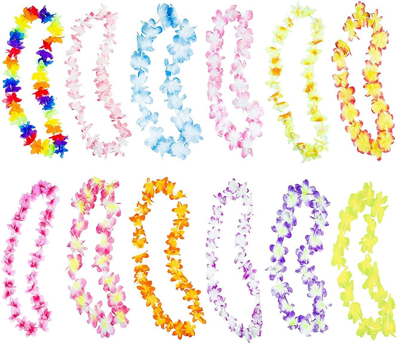 Hawaiian Ruffled Simulated Colorful Luau Silk Flower Leis Necklaces for Tropical Island Beach Theme Party Event, Birthday Supplies, Costume (50 Pack)