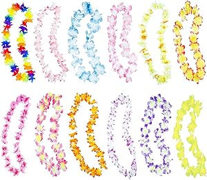Hawaiian Ruffled Simulated Colorful Luau Silk Flower Leis Necklaces for Tropical Island Beach Theme Party Event, Birthday Supplies, Costume (50 Pack)
