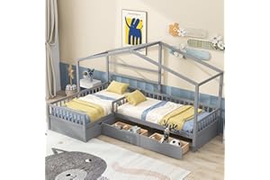 MERITLINE L Shaped Twin Bed for 2 Kids, Twin Size House Platform Bed with 3 Storage Drawers, Wood Double Twin Beds with Fence and Roof, Corner Twin Bed for Kids, Teens, Boys & Girls (Gray)