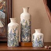 Ceramic Vase Set of 3, Vintage Blue Floral Beige Vases, Rustic Chinoiserie Decorative Vases for Wedding Decor, Wedding Gifts, Farmhouse Floral Vase for Home Decor, Living Room, Kitchen, Shelf Decor