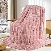 Touchat Faux Fur Throw Blanket, Luxury 1000GSM Ultra Thick Warm Rabbit Blanket for Couch Bed Sofa, 3D Checkered Pattern Soft Winter Heavy Minky Fluffy Blankets for Women Christmas Birthday Gift, Pink