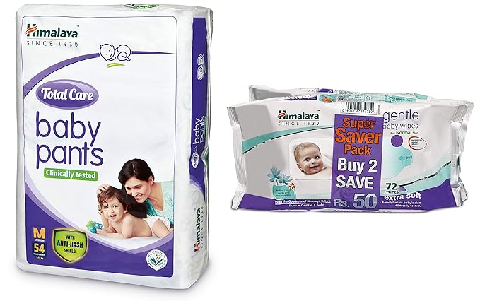 Himalaya Total Care Baby Pants Diapers, Medium, 54 Count and Gentle Wipes (72 Napkins of 2 Packs) Combo