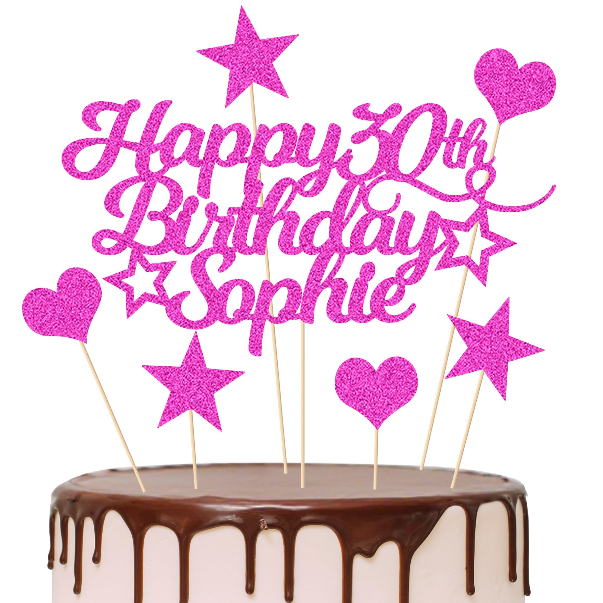 EDSG Personalized Happy Birthday Cake Topper Customized with Any Age Name Party Cake Decoration 16 18 21 40 60 Double Sided Glitter Card Pink