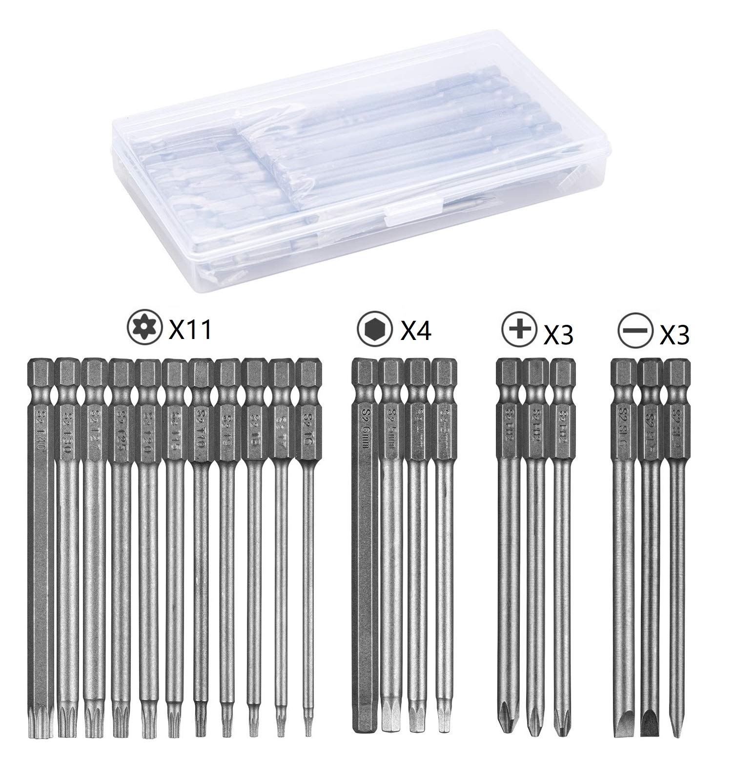 Linhon 21 Piece Screwdriver Bit Long Magnetic Screwdriver Torx Bit Set, Hex, PH2, SL Bit Set 1/4 Inch Hex, 100 mm Extra Long, S2 Steel, PP Box Package