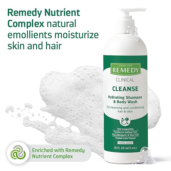 MEDLINE REMEDY CLINICAL HYDRATING SHAMPOO & BODY WASH (16 FL OZ), VANILLA SCENT, CLEANSER, NO-RINSE, ADULTS, KIDS, SHOWER OR BEDSIDE, DIMETHICONE, SULFATE FREE