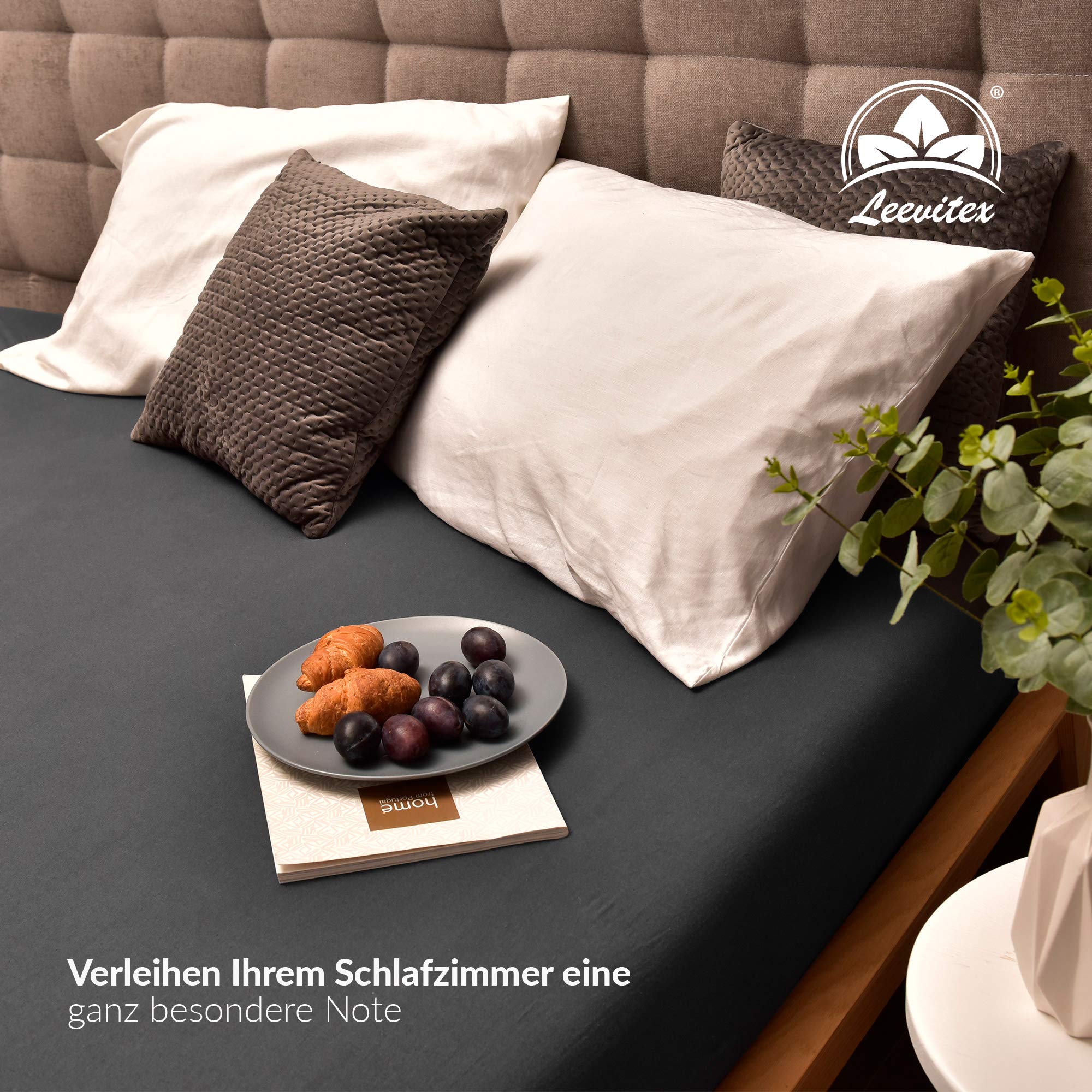 leevitex® Spannbettlaken 180x200cm - 200x200cm | Spannbetttuch Bettlaken | 100% Jersey Baumwolle | Matratzenhöhe bis 25 cm | Ökotex | Anthrazit 3