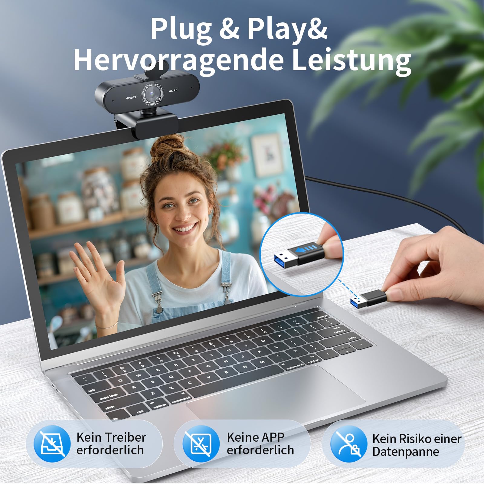 EMEET Webcam NOVA 4K, 4K Webcam mit 2 Mikrofon mit Rauschunterdrückung, Ultra HD Webcam mit 73° Weitwinkel und Objektivabdeckung, PDAF Autofokus, Web Cam für Mac, Laptop, Zoom, Teams 3