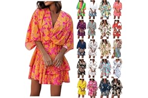 COTECRAM Women's 2023 Summer Spring V Neck Boho Beach Vacation Dress Elegant Elastic Waist Mini Short Swing Skater Dresses