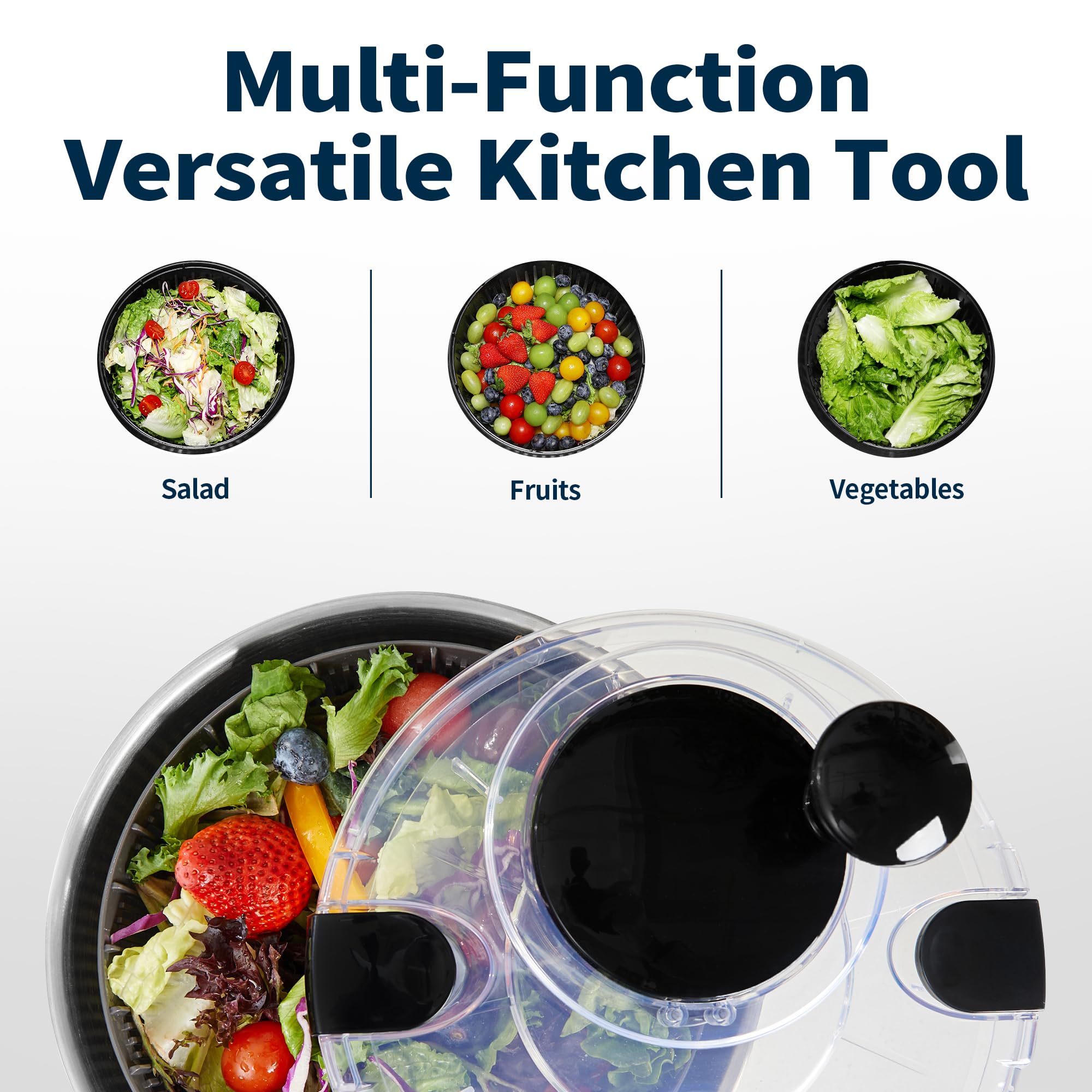 Stainless Steel Salad Spinner, 4.8 Qt Vegetable Washer, BPA-Free Lettuce Dryer with Crank Design, Dishwasher Safe, Non-Slip Base - Transparent Lid