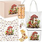Paterr 6 Pcs Mushroom Themed Gifts for Women Christmas Canvas Tote Bag Makeup Bag Print Blanket Socks 16oz Glass Coffee Cup with Straw Cute Keychain for Christmas Birthday Girls Daughters Sister