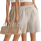 Locoowai 2 Pack Women's Linen Bermuda Shorts High Waist Wide Leg Summer Drawstring Mid Length Shorts with Pockets